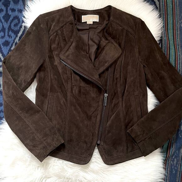 Michael Kors Brown 100% Leather Suede Moto Jacket, size Medium - Picture 1 of 8